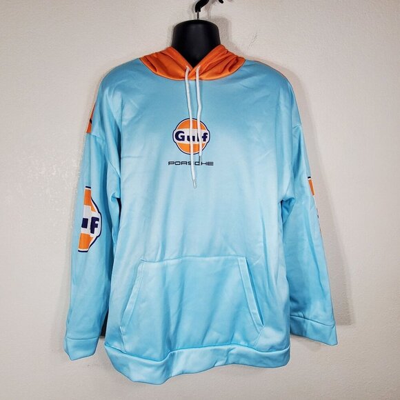 Gulf Porsche 2XL Pull Over Hoodie Sweatshirt Kangaroo Pouch Light Blue & Orange - Picture 1 of 11